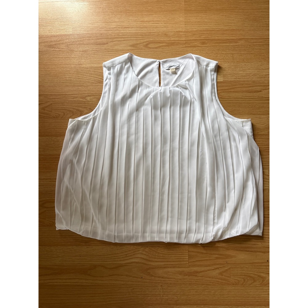 Calvin Klein Pleated Sleeveless Blouse Womens 2X White Keyhole Back
